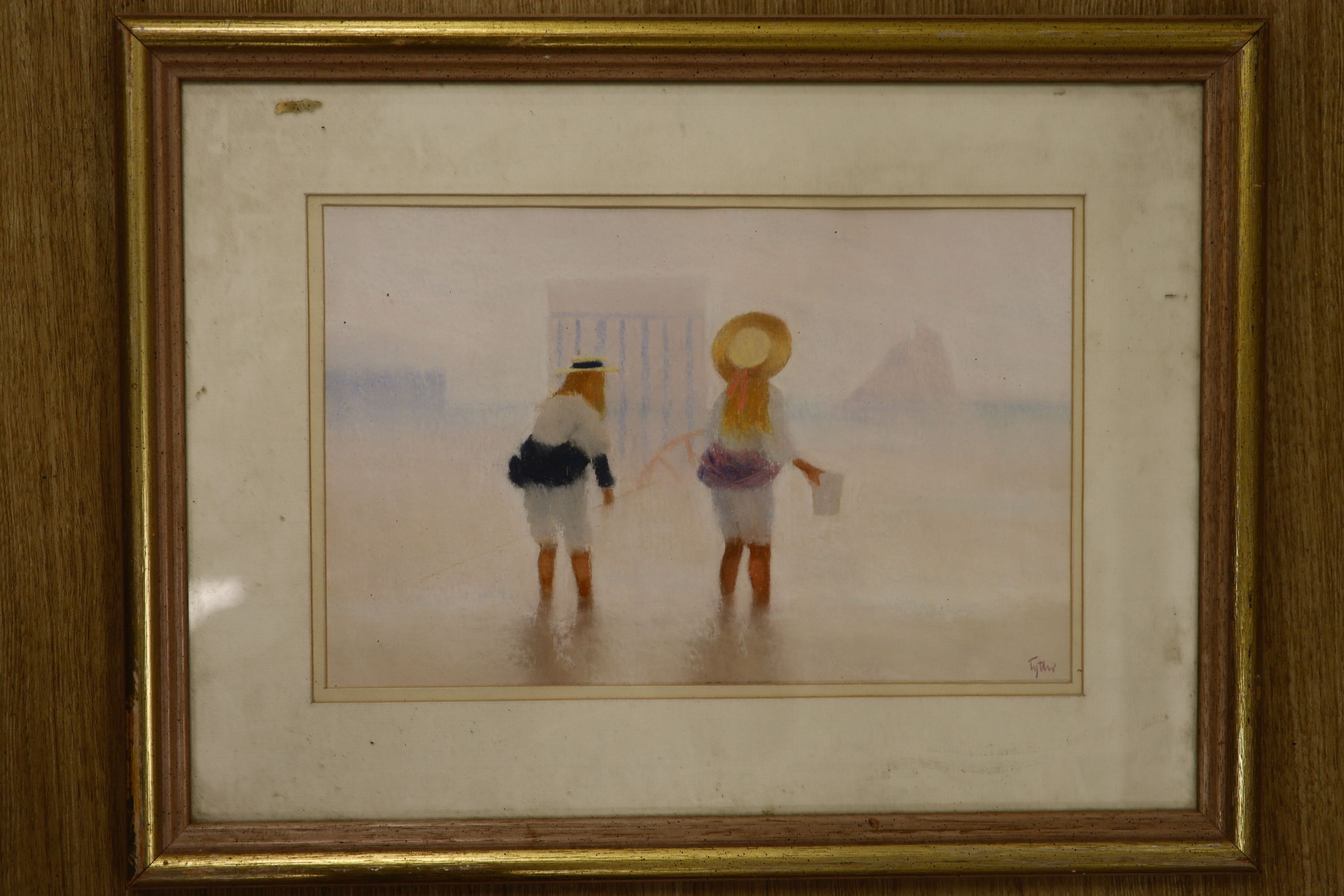 Modern British, pastel, girls on the seashore, signed Tyther, 19 x 30cm.